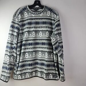 Eddie Bauer Mens M Pullover Fleece Aztec White Blue Gray Crew‎ Neck Soft LS Warm